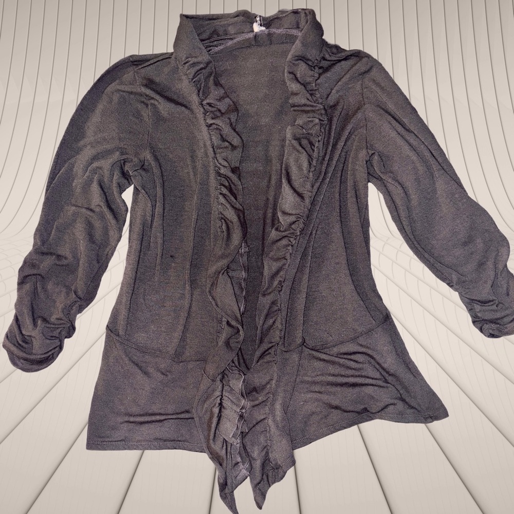 Chic Size XL Grey Open Front Ruffled Waterfall Cardigan Sweater with Pockets